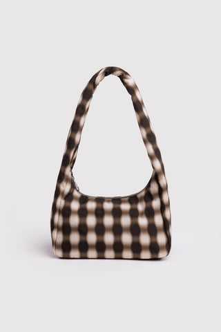 Brown plaid patterned handbag on a light gray background