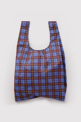 blue and yellow tartan patterned baggu tote