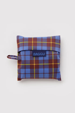 folded blue and yellow tartan patterned baggu tote