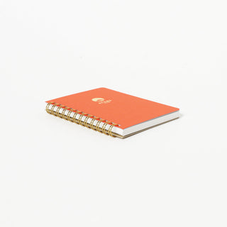 Orange notebook with gold spiral binding on a white background