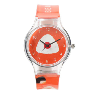 Watch with a red strap featuring a rice ball on the face on a white background