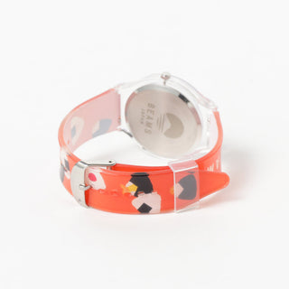 Wristwatch with illustrations of rice balls on the band on a white background