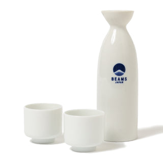 White ceramic sake set with BEAMS Japan logo on a white background