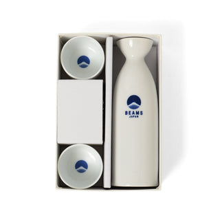 Ceramic sake set with two small cups and a tall bottle in a box, featuring the Beams Japan logo.