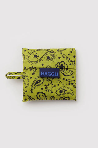 Baby BAGGU chartreuse paisley foldable pouch with BAGGU logo tag