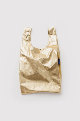 Gold metallic baby BAGGU tote bag with short handles and gathered top
