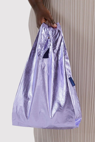 Metallic lavender baby tote bag with handles and BAGGU logo patch
