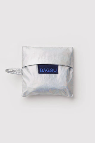 Silver reusable bag with 'BAGGU' logo on a white background