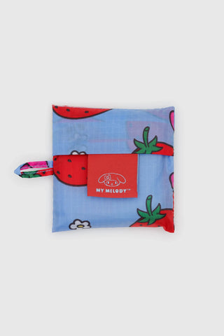 Reusable pouch with strawberry pattern and 'My Melody' tag on a light gray background
