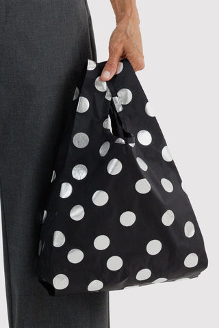 Baby BAGGU black tote bag with silver metallic polka dots