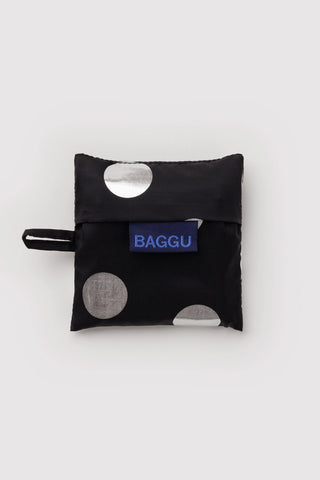 Baby BAGGU pouch with snap, black and silver polka dot print, BAGGU label