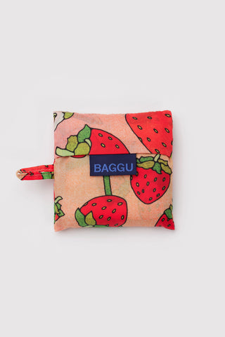 Folded baggu bag with strawberry print