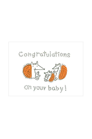 Baby shower card with text 'Congratulations on your baby!' and illustrations of a hedgehog family.