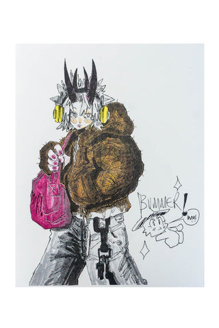 character illustration on a white background, featuring spiky black hair, yellow headphones, a brown puffer jacket, gray pants, and a pink bag, with the word 'BUMMER!' and a small speech bubble near the lower right.