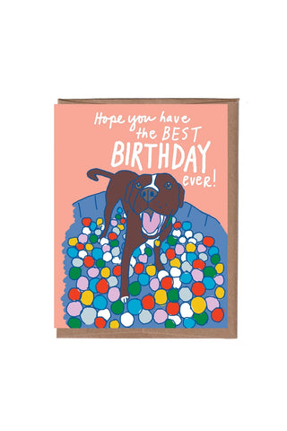 greeting card with a peach-pink background, featuring a cartoon dog in a ball pit with text on the card reads 'Hope you have the BEST BIRTHDAY ever!'.