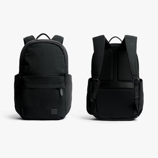 Black backpack shown from front and back on a white background