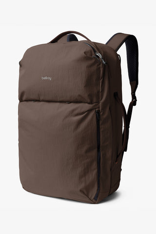 Brown backpack with 'bellroy' branding on a white background