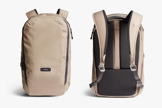 Stone-beige and dark-gray workpack backpack shown front and back with shoulder straps.