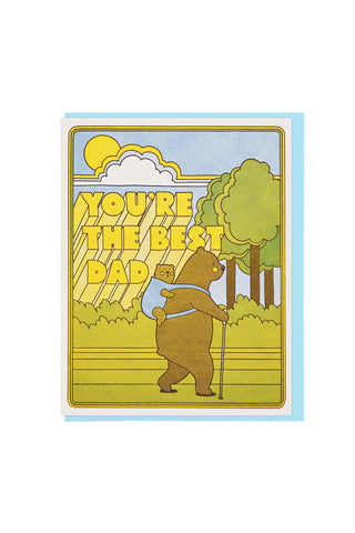 Card with bear holding a baby cub on its back and 'You're the best dad' text in a nature-themed design.