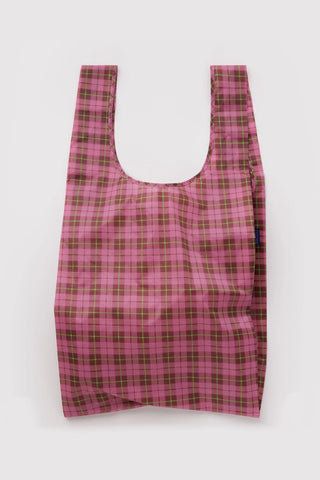 pink and green tartan patterned baggu tote bag