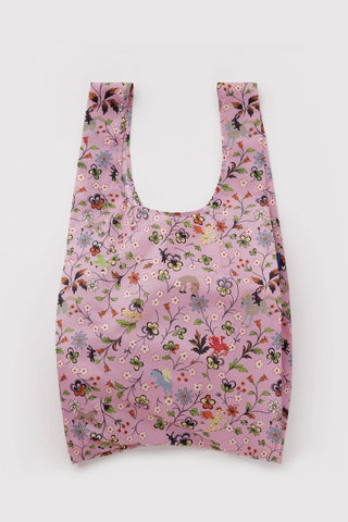 big pink baggu tote with flowers and animals print