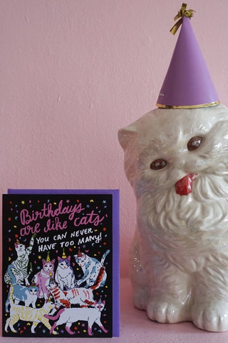 Birthday cats greeting card with illustrated cats and birthday text on dark cover