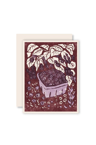 Greeting card with a purple blackberry pint and floral design on a white background