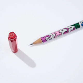 Red pencil point guard and pencil with cartoon designs on a white background