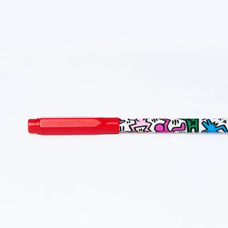 Red pencil guard on a colorful pencil  against a white background