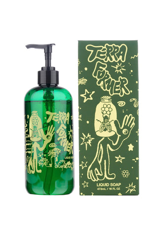 Green liquid soap bottle and packaging on a white background