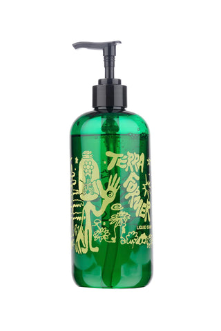 Green soap bottle with pump and yellow graphics on a white background