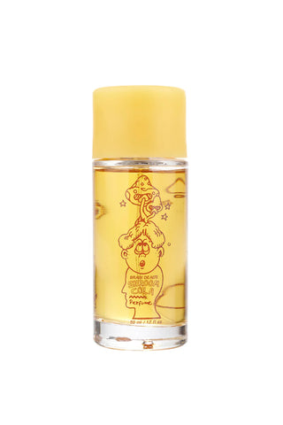 Yellow perfume bottle with a cartoon design on a white background