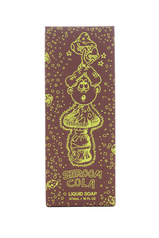 Shroom Cola liquid soap packaging with a stylized character on a brown background
