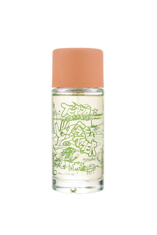 Perfume bottle with a beige cap and green label on a white background