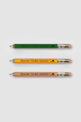Three pencils with 'Star-Camel' branding on a light gray background
