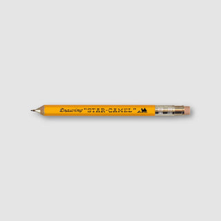 Yellow wooden pencil with Camel branding on a light gray background