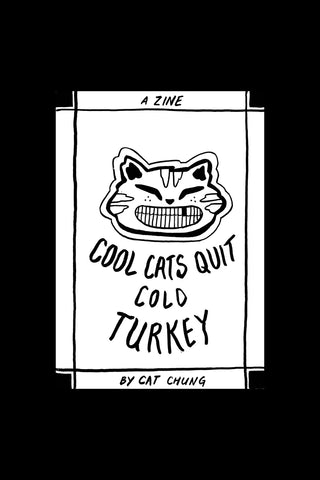 Zine cover with a cat illustration and text on a black background