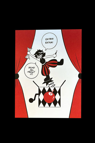Comic-style illustration of a character in a box with red curtains and text bubbles.