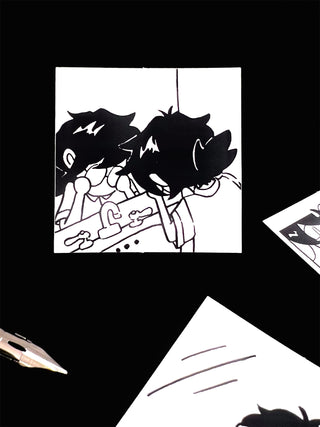 Sticker of black and white illustration of a character at a mirror with glasses