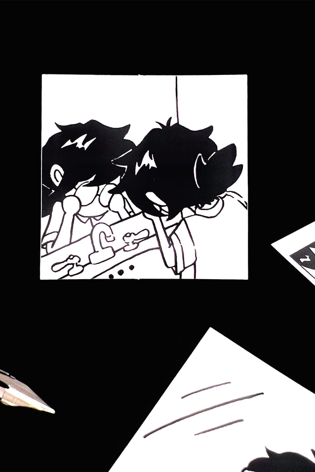 Sticker of black and white illustration of a character at a mirror with glasses