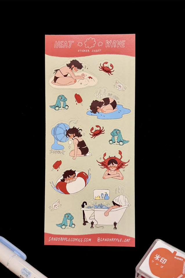 Sticker sheet with cartoon characters in beach poses and crab-themed graphics