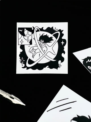 Black and white illustration of a character and star design on a black background.