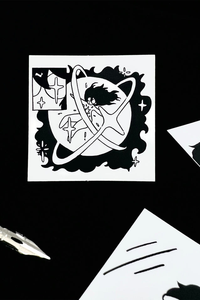 Black and white illustration of a character and star design on a black background.