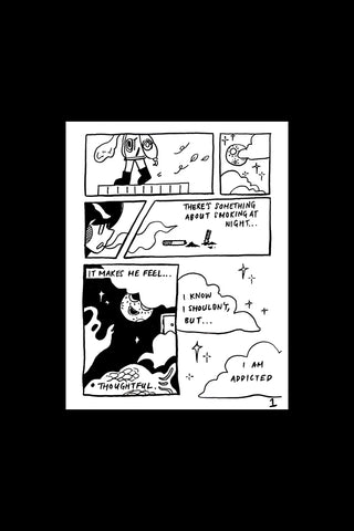 Black and white comic strip with various panels on a black background