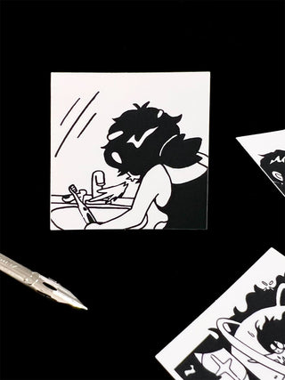 Black and white illustration of a character spitting out toothpaste on a black background