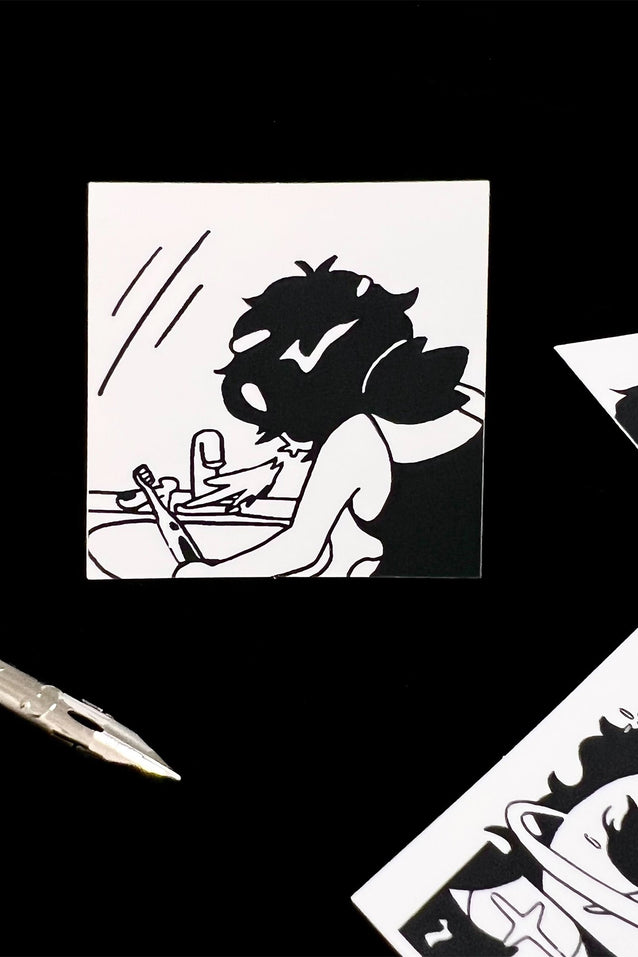 Black and white illustration of a character spitting out toothpaste on a black background
