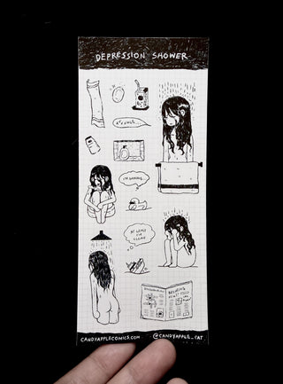 Sticker with black and white illustrations of a person experiencing a depression shower, held against a black background.