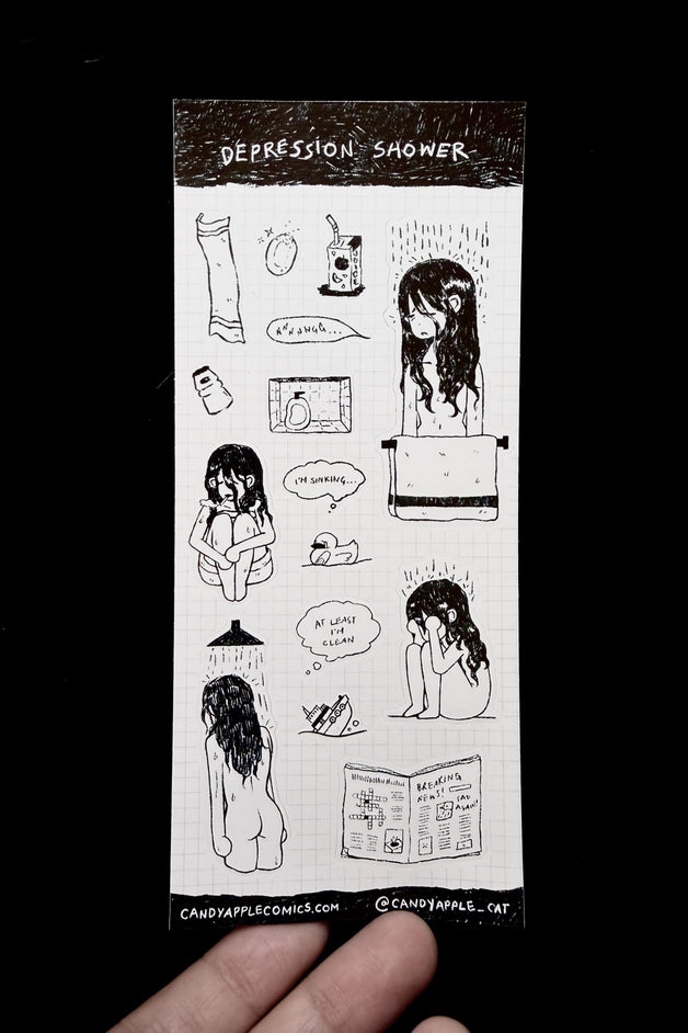 Sticker with black and white illustrations of a person experiencing a depression shower, held against a black background.