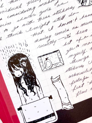 Illustration of a person with long hair taking a shower, surrounded by handwritten text.