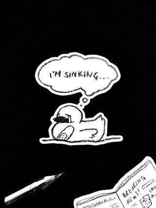 Cartoon duck with a sinking thought bubble and pen nib and newspaper sticker on a black background